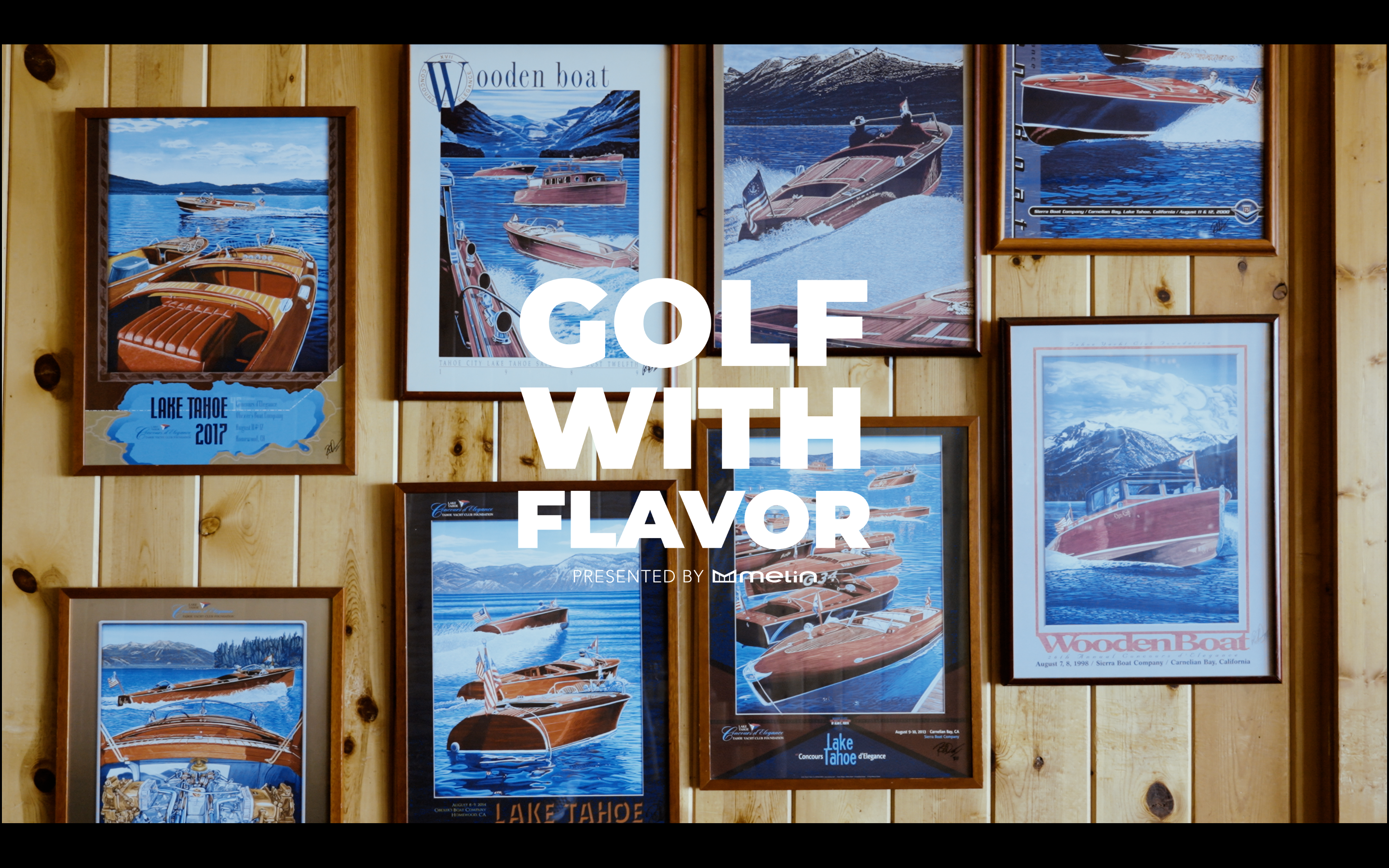 A collage of vintage boat art on a wooden wall, with "GOLF WITH FLAVOR, presented by melin" prominently displayed in the center.